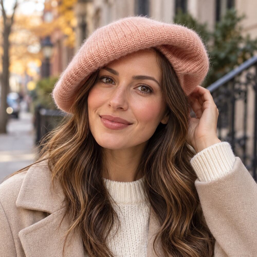 Portolano Peach Cashmere Beret Hat Fuzzy Knit Slouchy Winter Cap Womens